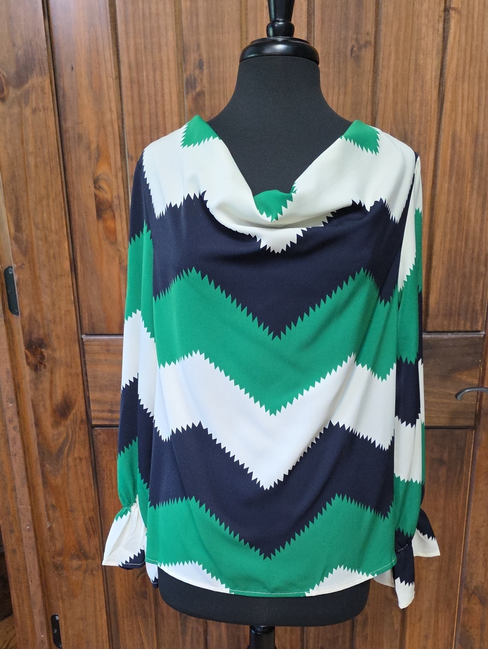 Loness Green Navy White Chevron Cowl Neck Blouse - Size L